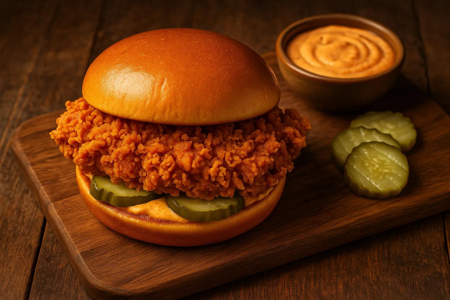 Fresh Popeyes Spicy Chicken Sandwich on rustic wooden table - 700 calories per sandwich