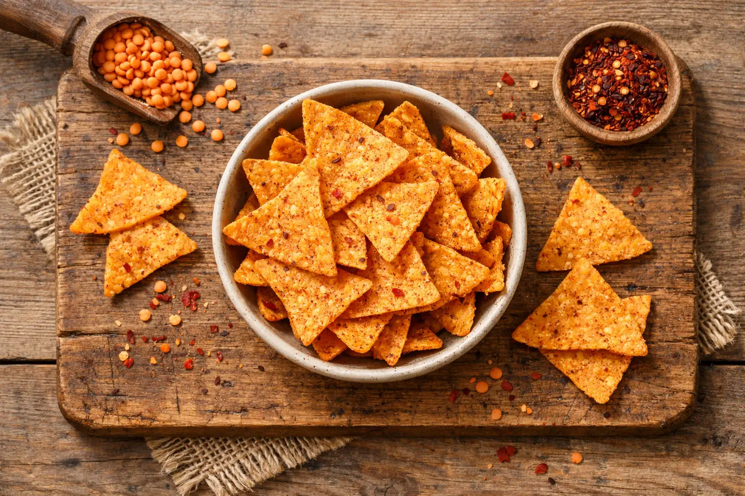 Gepoppte rote Linsen Tortilla Chips mit Sweet-Chilli-Würzung - 120 Kalorien pro 30 g Portion