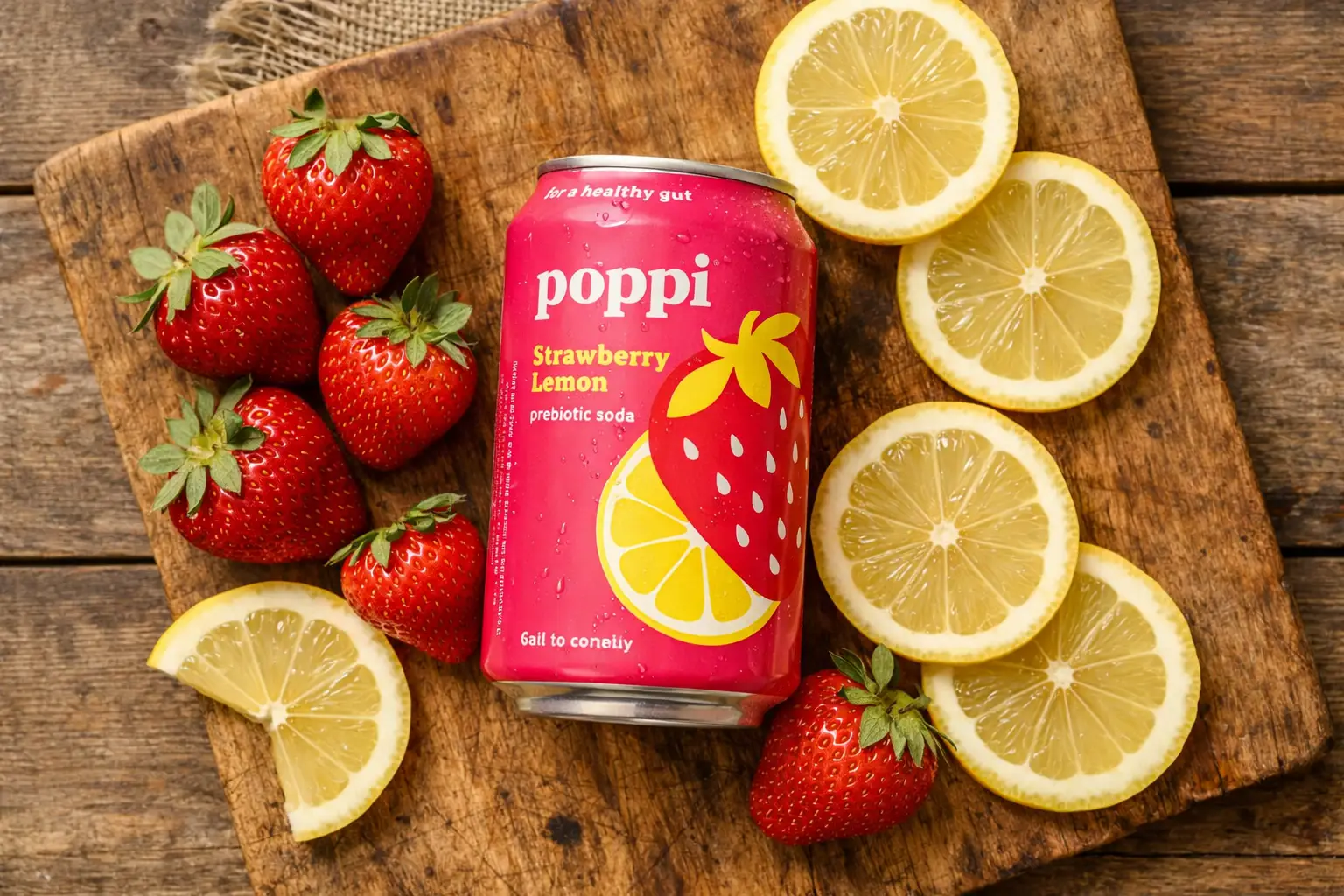 Poppi Strawberry Lemon Präbiotika-Limonade Dose mit frischen Erdbeeren und Zitrone - 30 Kalorien pro Dose