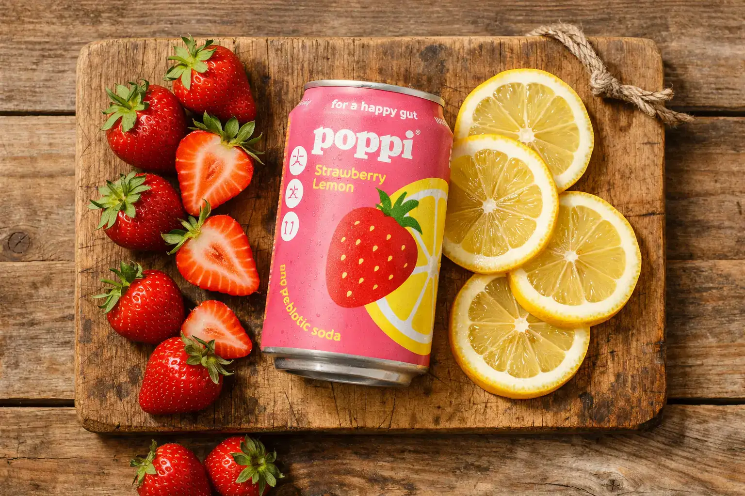 Poppi Strawberry Lemon prebiotic soda on rustic wooden table - 25 calories per 12 oz can
