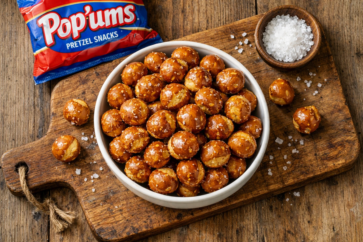 Fresh Pop'ums pretzel snacks on rustic wooden table - 130 calories per serving