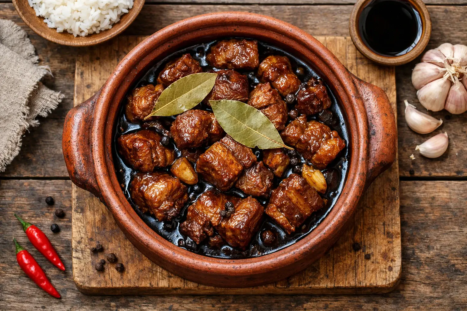 रस्टिक लकड़ी की टेबल पर ताज़ा पोर्क अडोबो - 150g सर्विंग में 300 कैलोरी