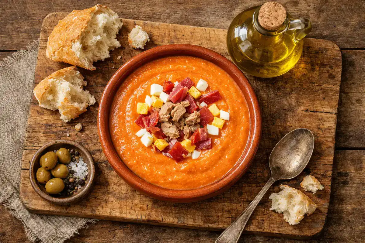Porra antequerana fraîche sur table en bois rustique - 192 calories par tasse