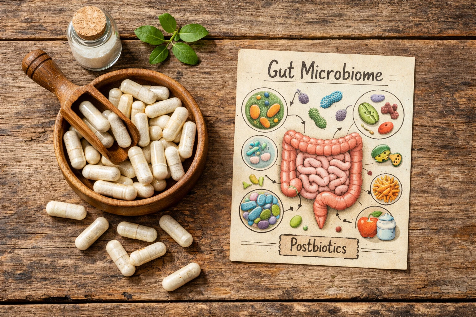 Postbiotic supplement capsules with gut microbiome illustration - 10-30 calories per serving