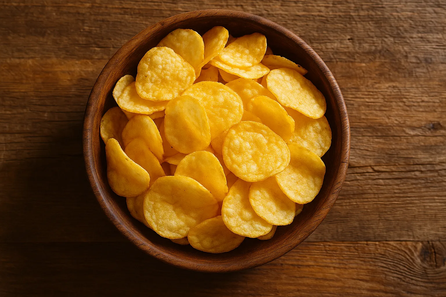 Fresh potato chips on rustic wooden table - 547 calories per 100g