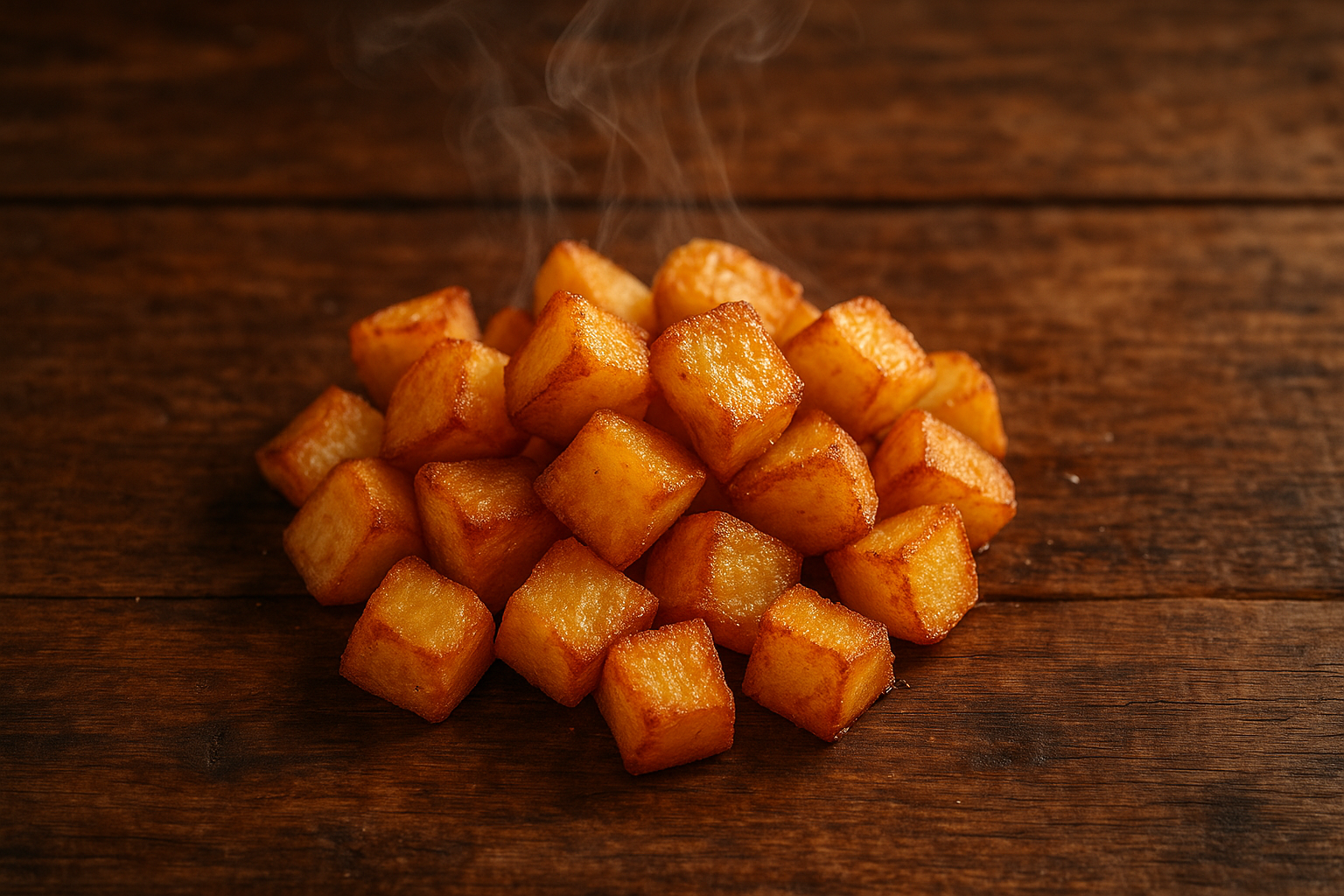 Golden crispy fried potato chunks on rustic wooden table - 150 calories per 100g
