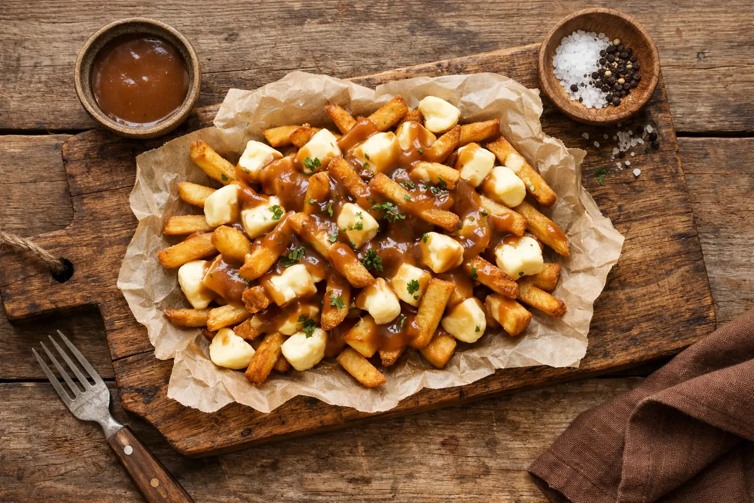 Fresh poutine on rustic wooden table - 740 calories per serving