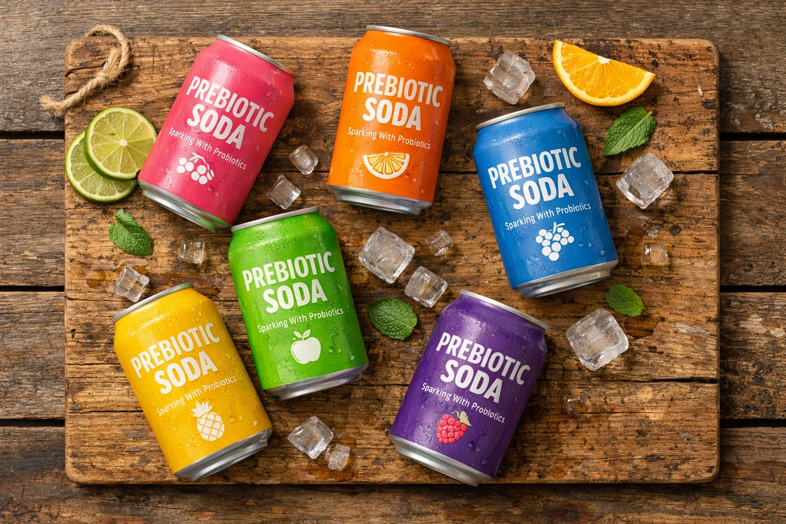 Bunte präbiotische Limonadendosen auf rustikalem Holztisch - 20 Kalorien pro Portion
