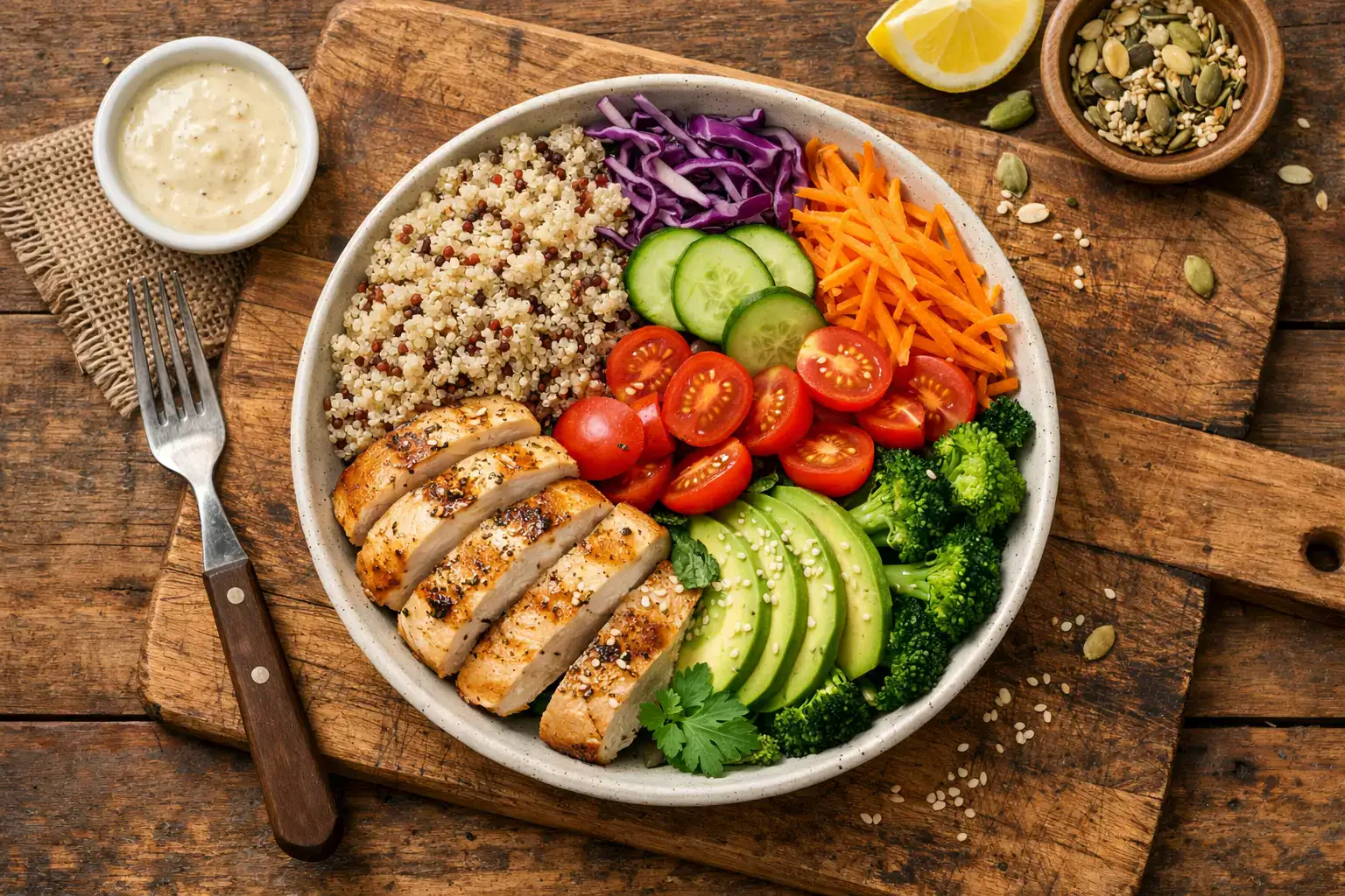 रस्टिक लकड़ी की टेबल पर क्विनोआ और चिकन के साथ फ्रेश प्रीमेड प्रोटीन बाउल - 350 कैलोरी प्रति बाउल
