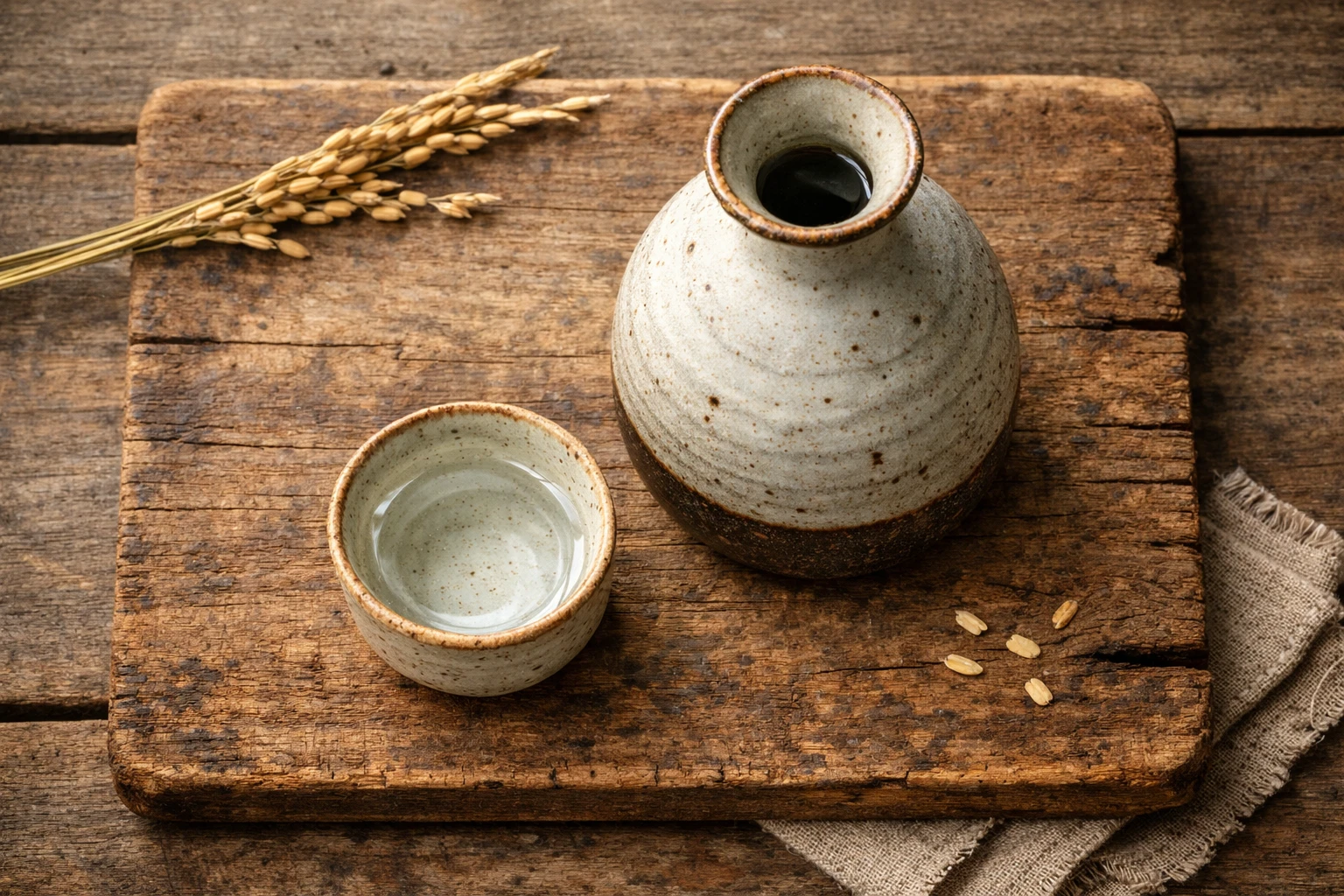 Premium sake in traditional tokkuri and cup on wooden table - 134 calories per 100ml