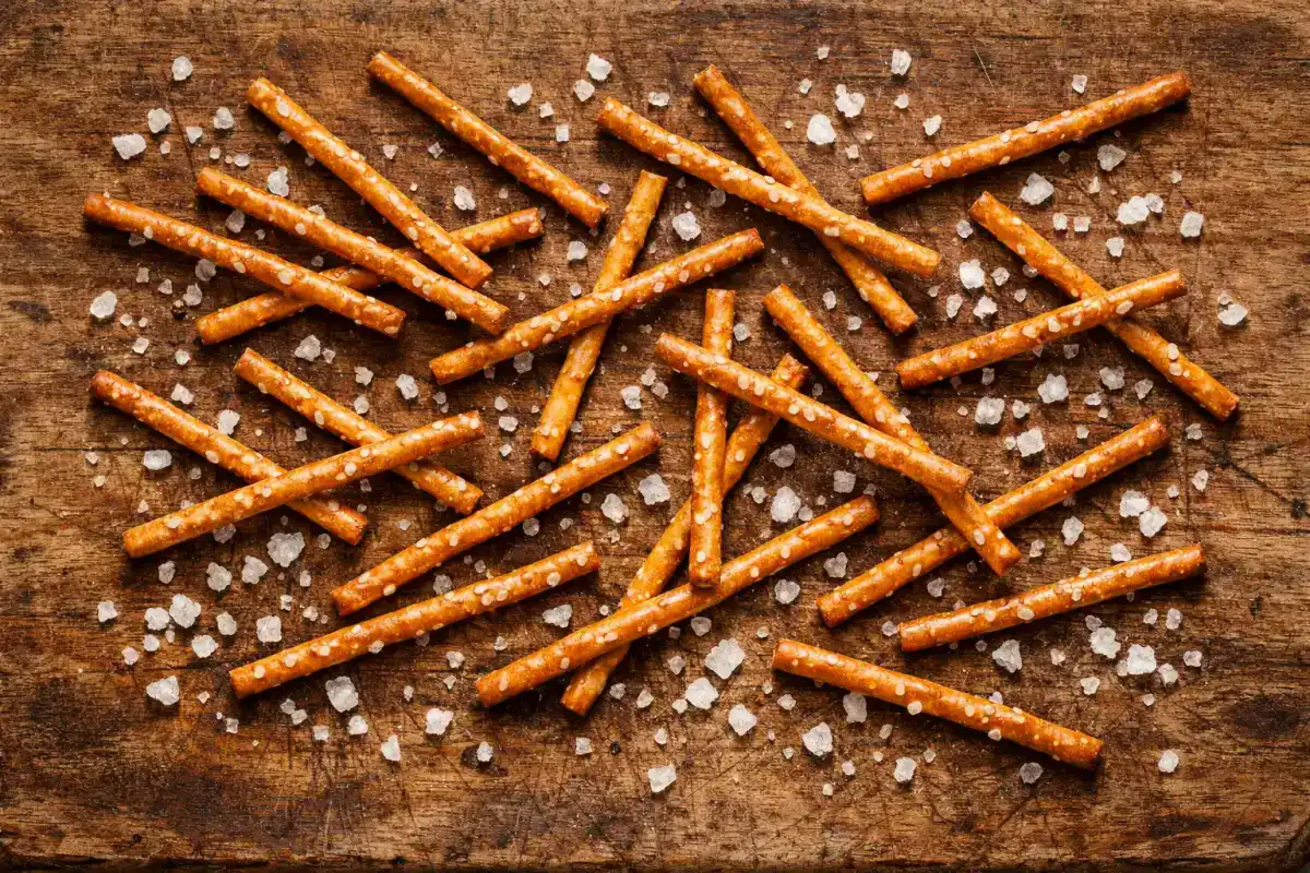 Palitos de pretzel Salzstangen frescos sobre mesa de madera rústica - 114 calorías por porción de 30 g