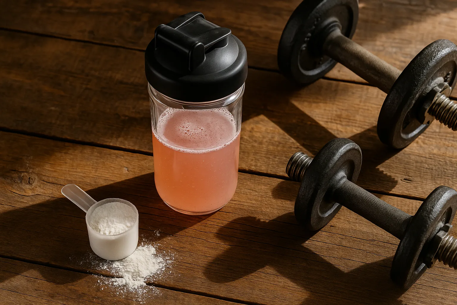 Glass shaker bottle with preworkout powder supplement on rustic wooden table - 20 calories per scoop