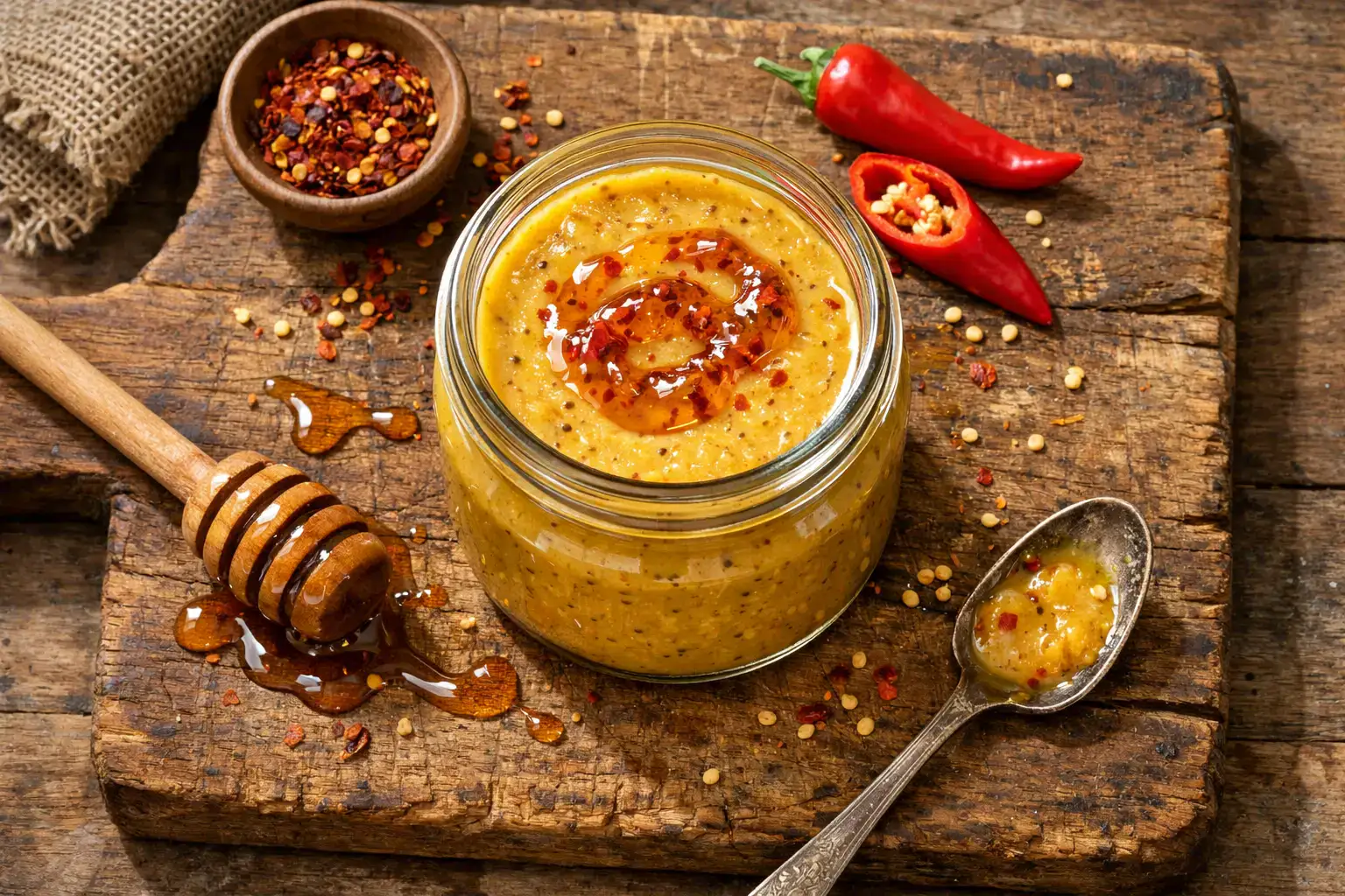 रस्टिक लकड़ी की टेबल पर ताजा हॉट हनी मस्टर्ड - प्रति टीस्पून 10 कैलोरी