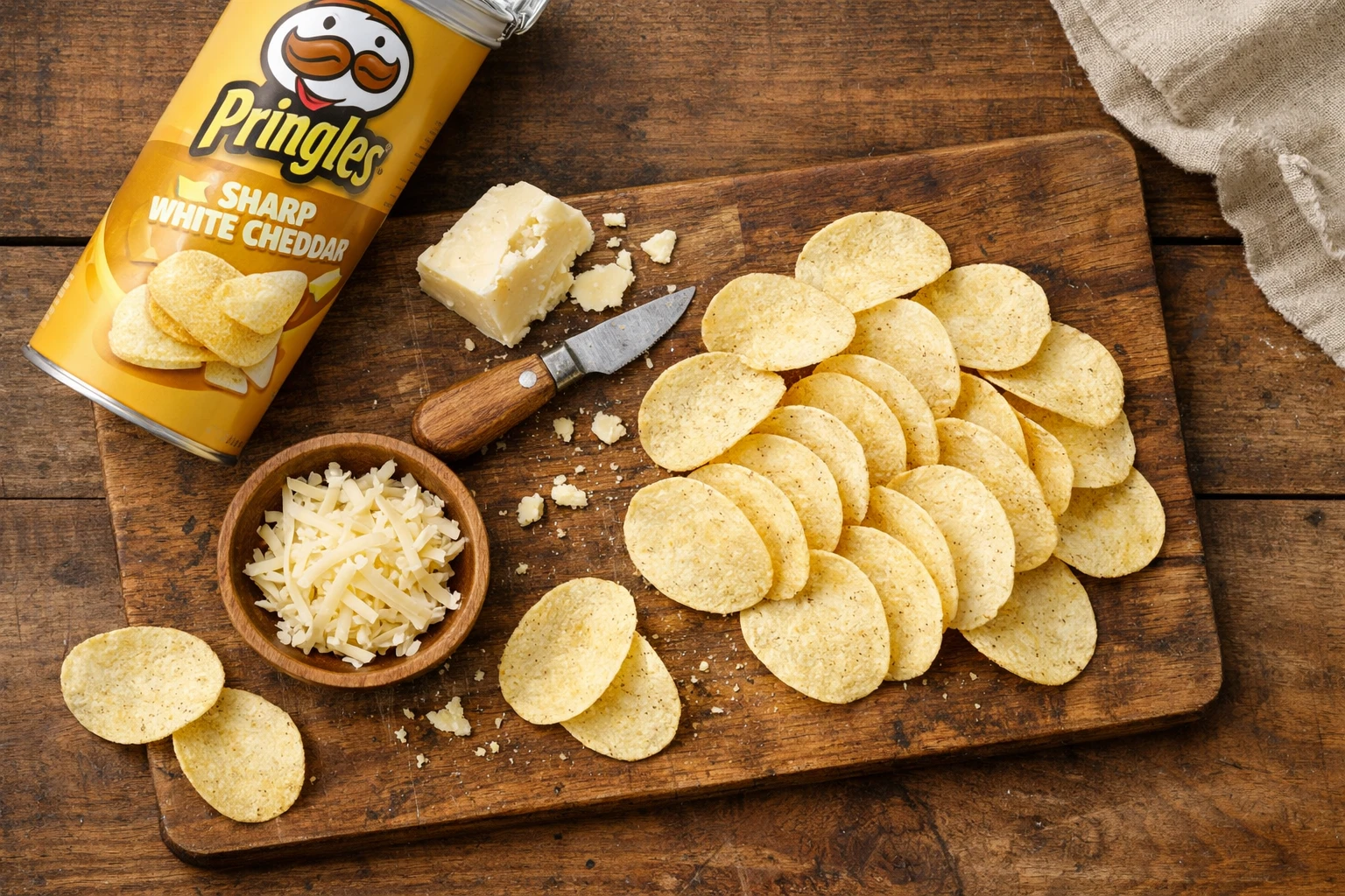 Pringles Sharp White Cheddar on rustic wooden table - 150 calories per serving
