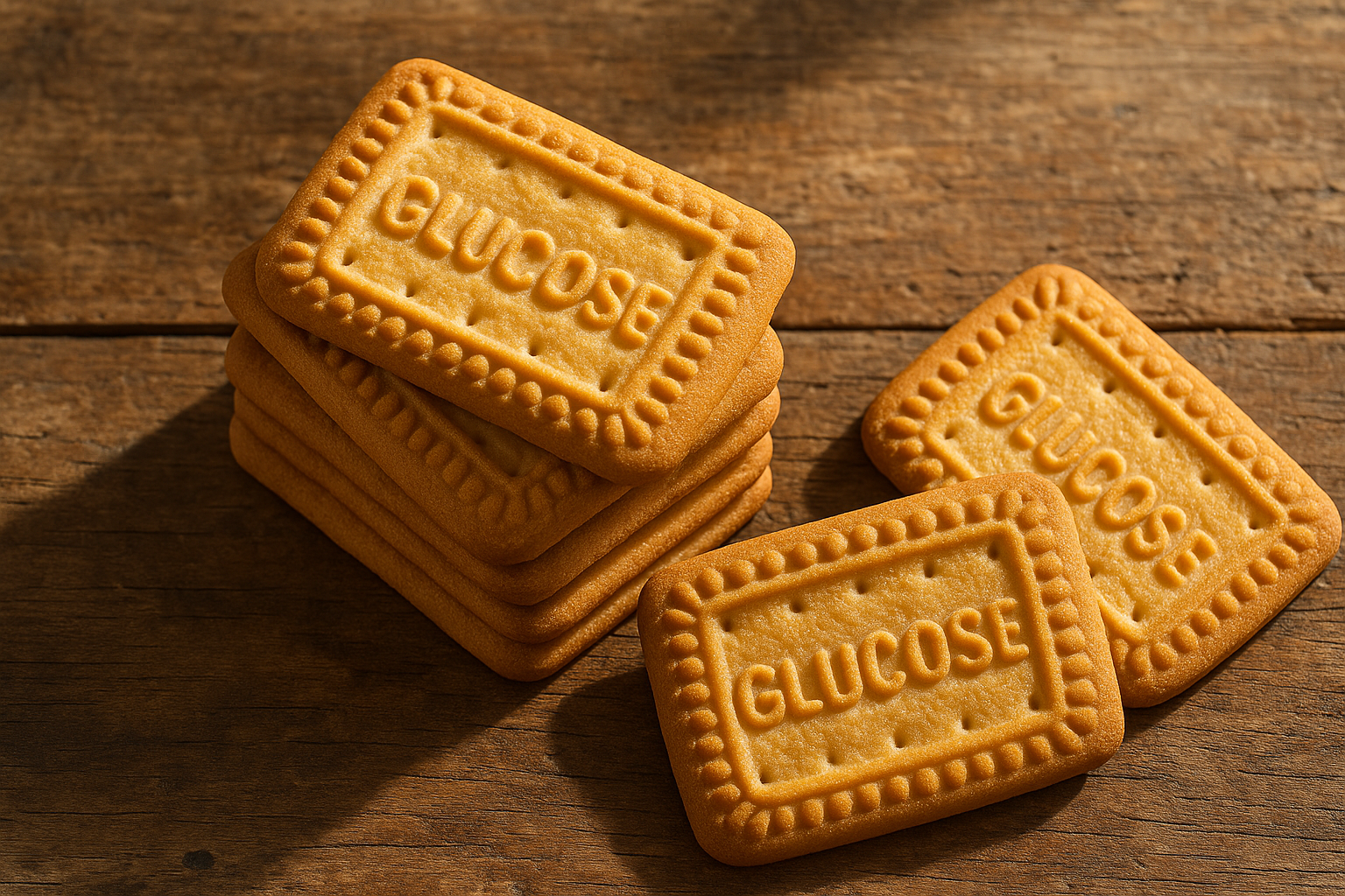 Stack of golden Priya Gold Glucose Biscuits - 72 calories per piece