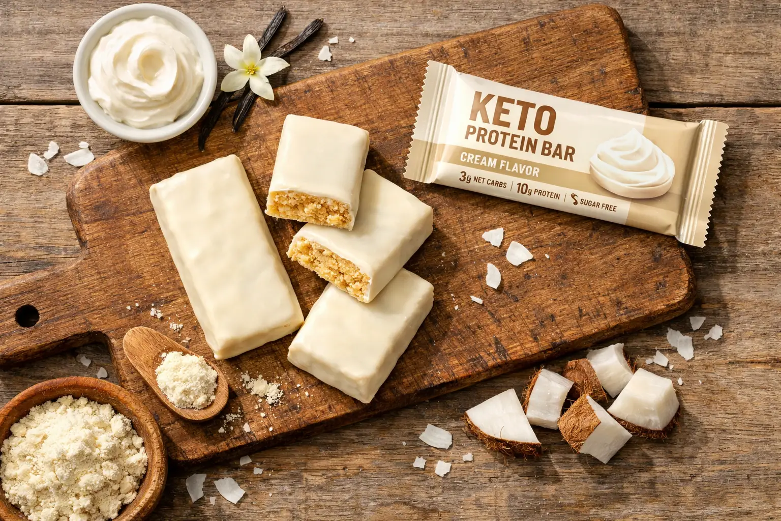Proflex Keto Protein Bar Cream-Geschmack auf rustikalem Holztisch - 170 Kalorien pro Riegel