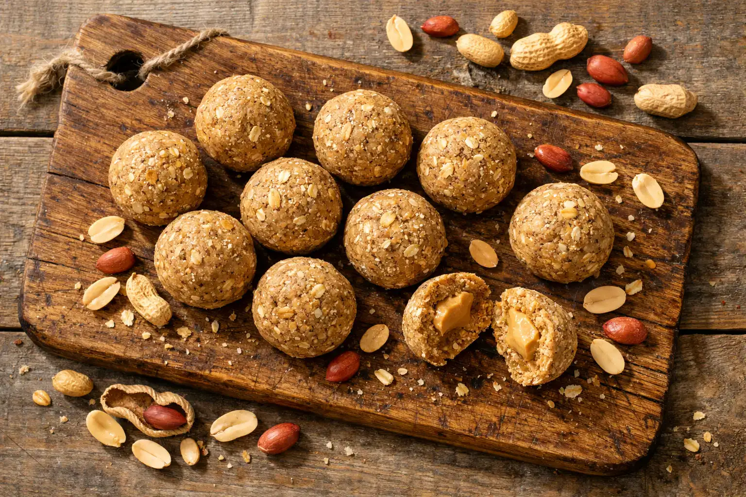 Bolas frescas de proteína de mantequilla de cacahuete sobre mesa de madera rústica - 187 calorías por bolsa de 45 g