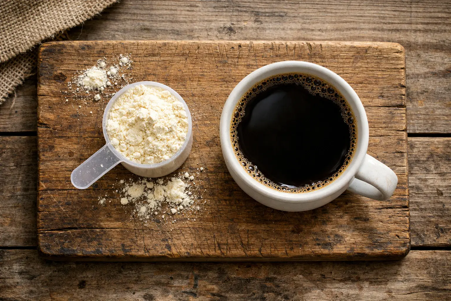 Fresh protein coffee powder scoop on rustic wooden table - 60 calories per scoop
