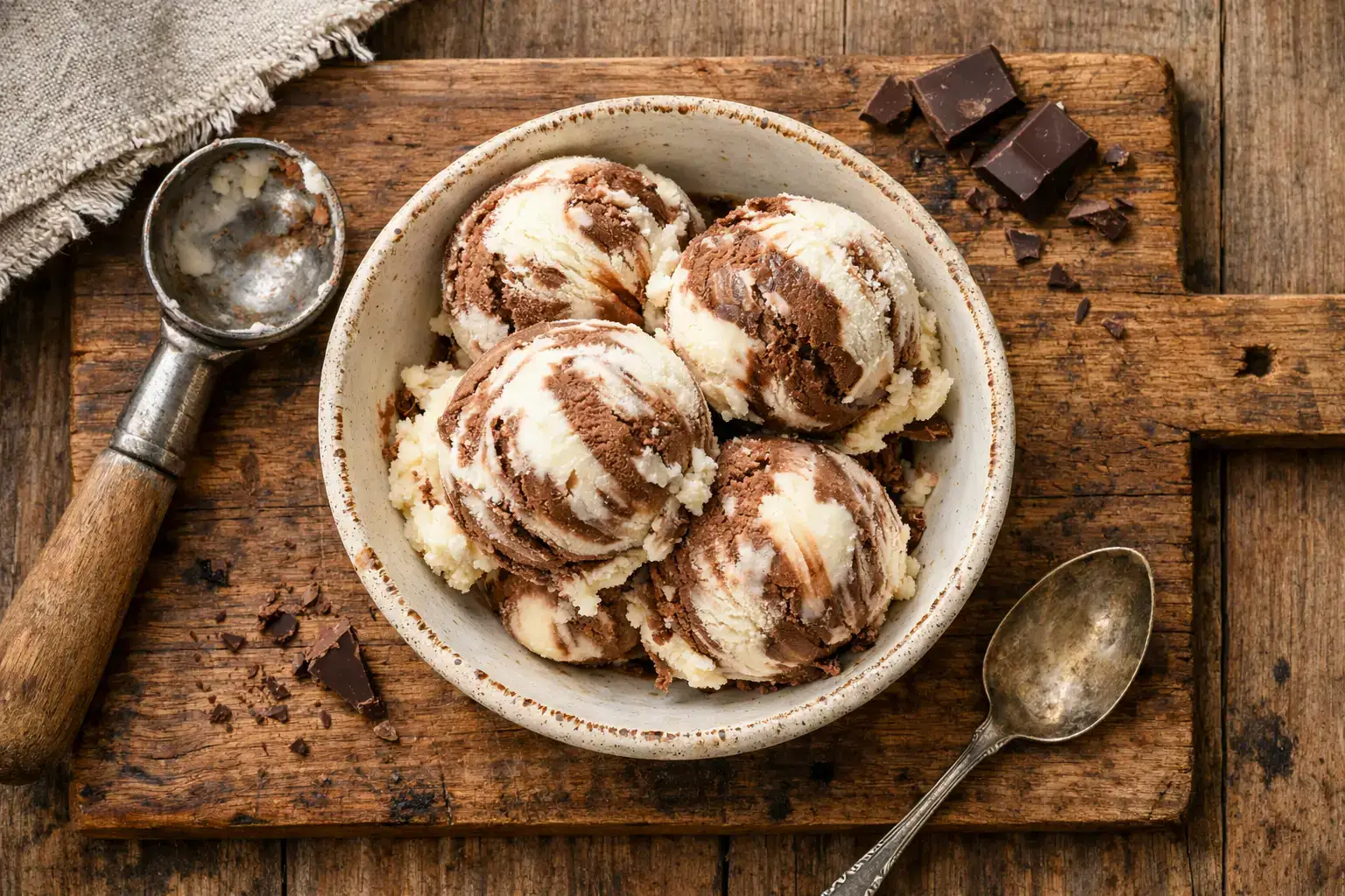 Frische Protein-Eis-Kugeln auf rustikalem Holztisch - 140 Kalorien pro Portion