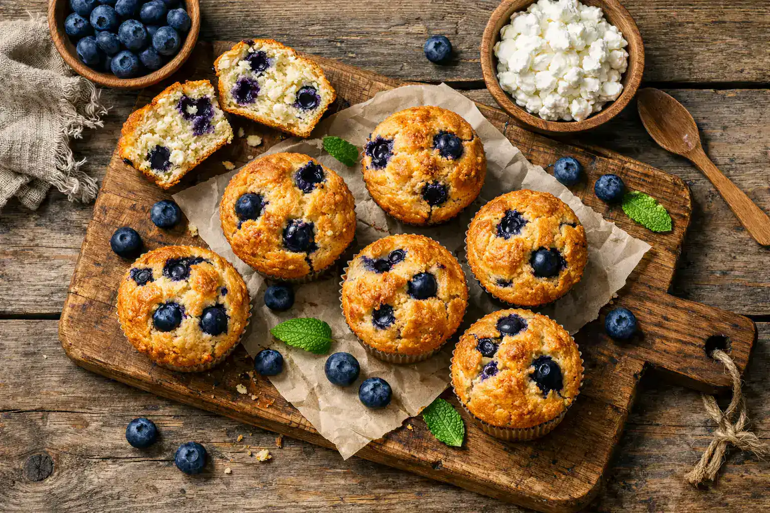 Fresh protein muffins on rustic wooden table - 180 calories per muffin