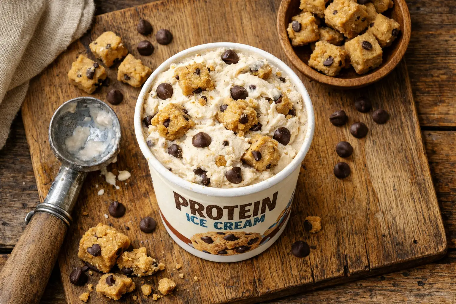 Protein Pints Cookie Dough ice cream on rustic wooden table - 160 calories per serving