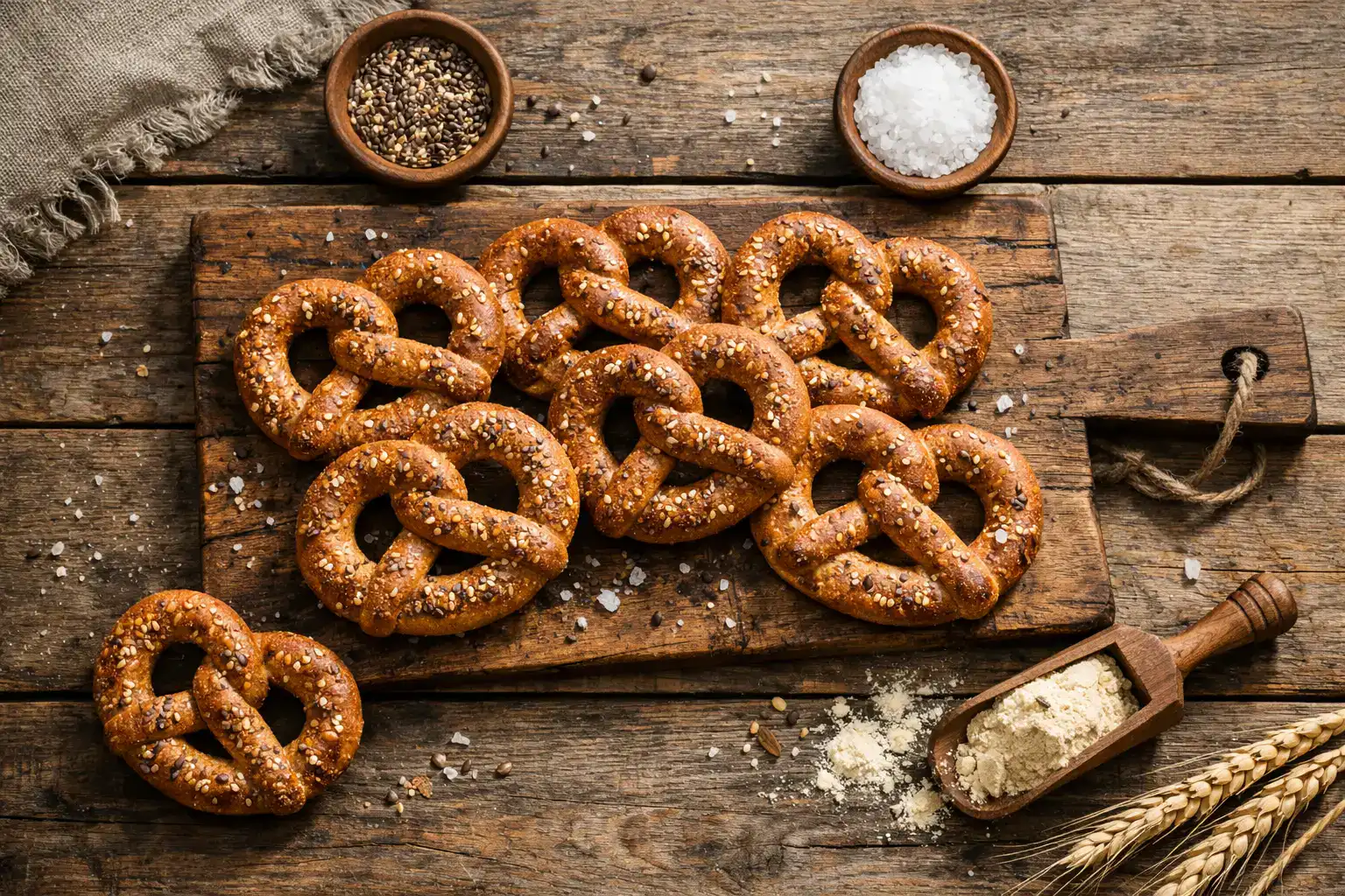 Pretzels de proteína frescos sobre mesa de madera rústica - 110 calorías por ración