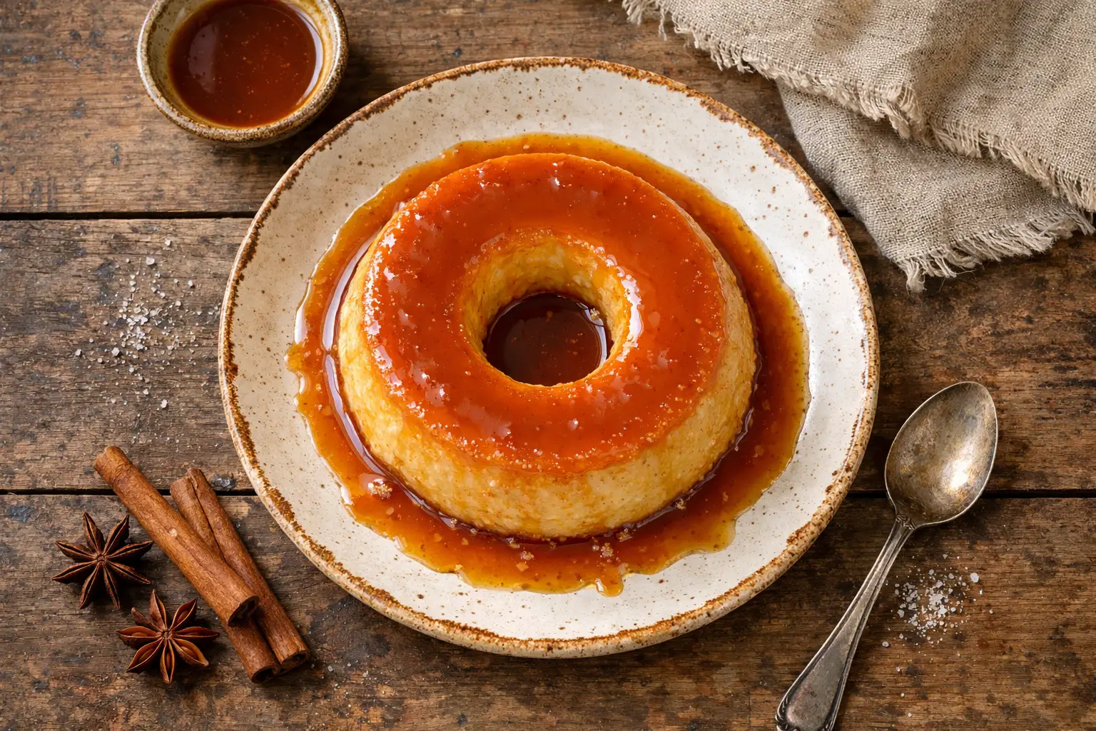 Fresh pudim flan on rustic wooden table - 222 calories per slice