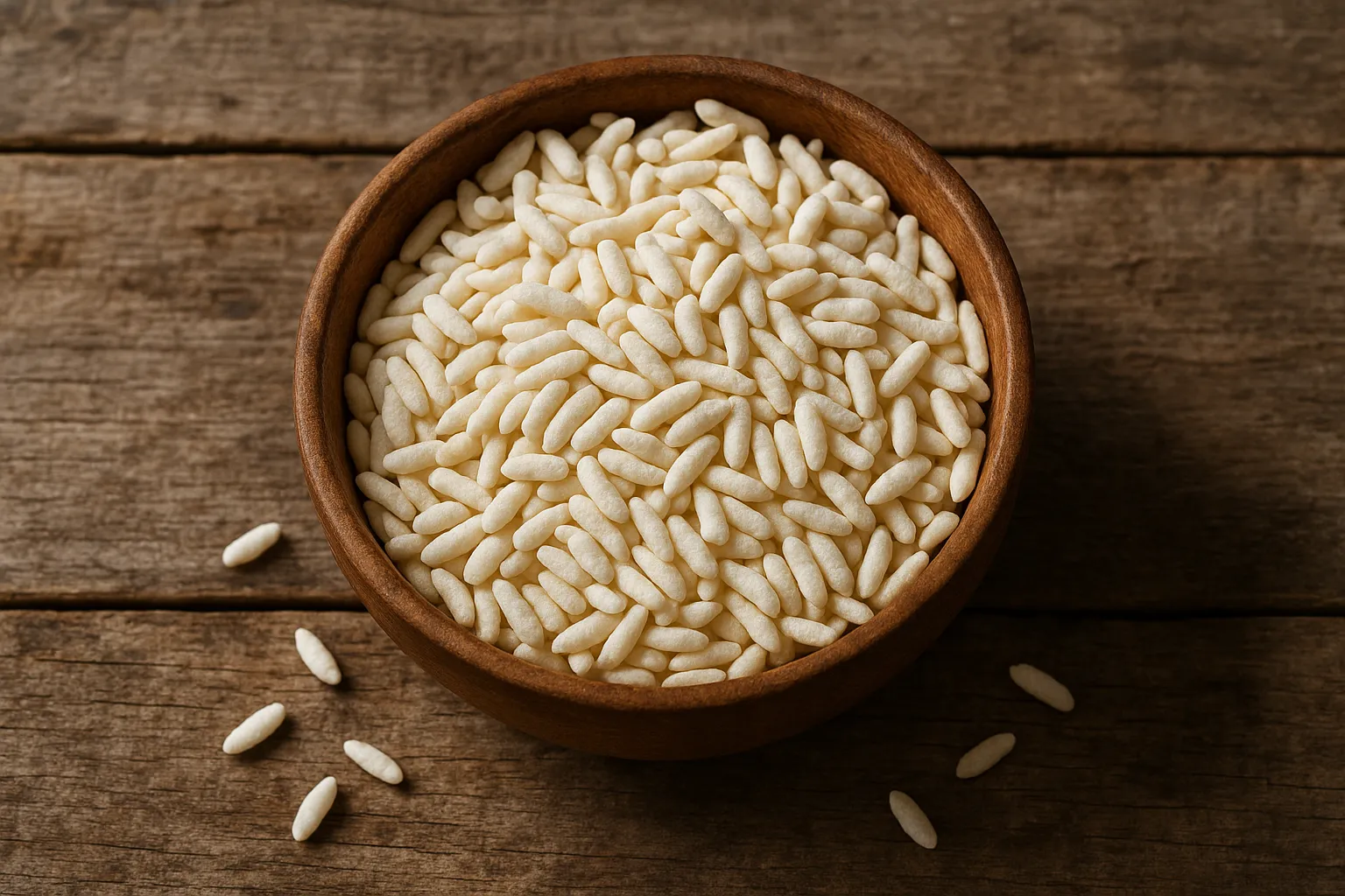 Fresh puffed rice on rustic wooden table - 56 calories per cup