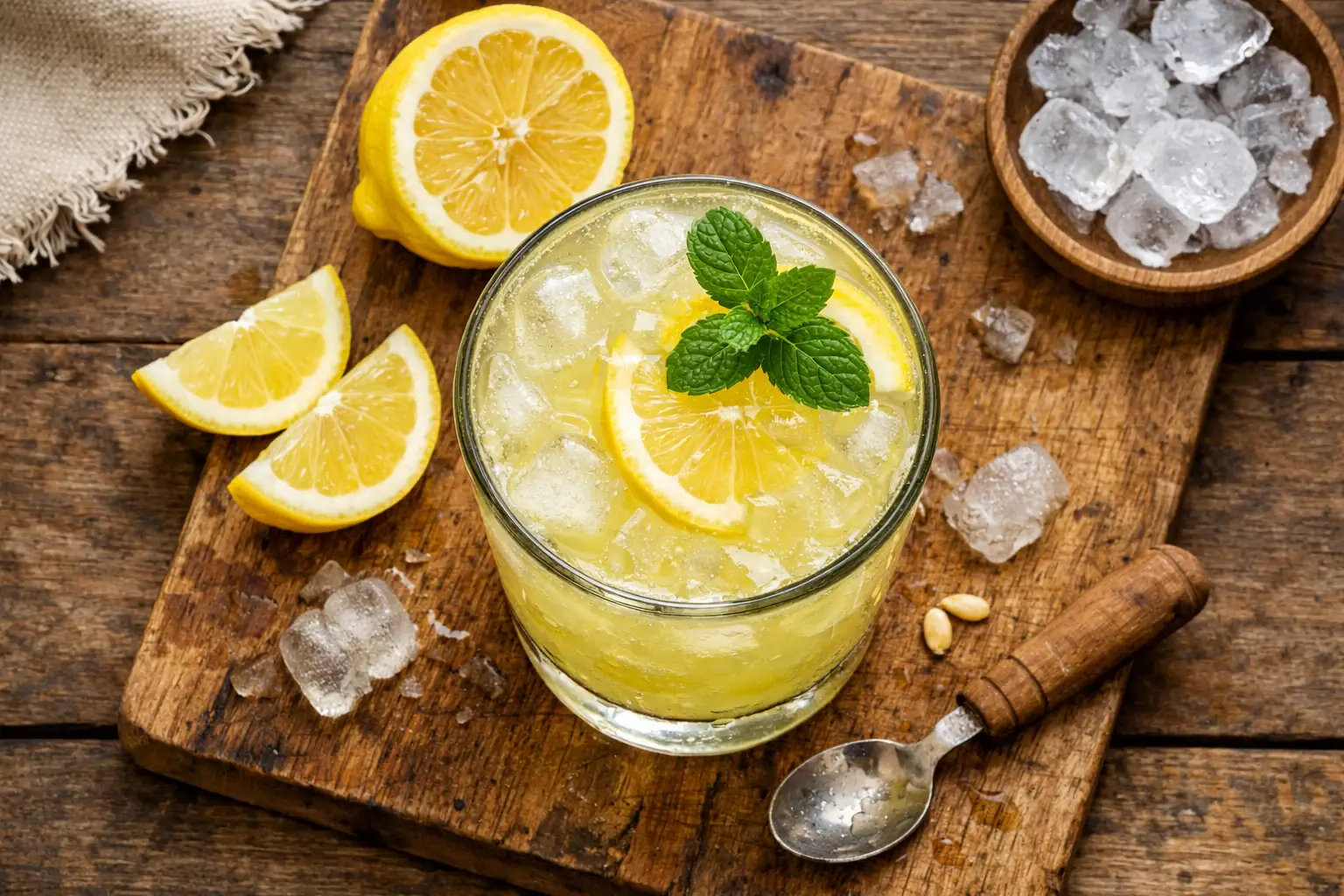 Limonade pulpeuse fraîche sur une table en bois rustique - 60 calories par verre