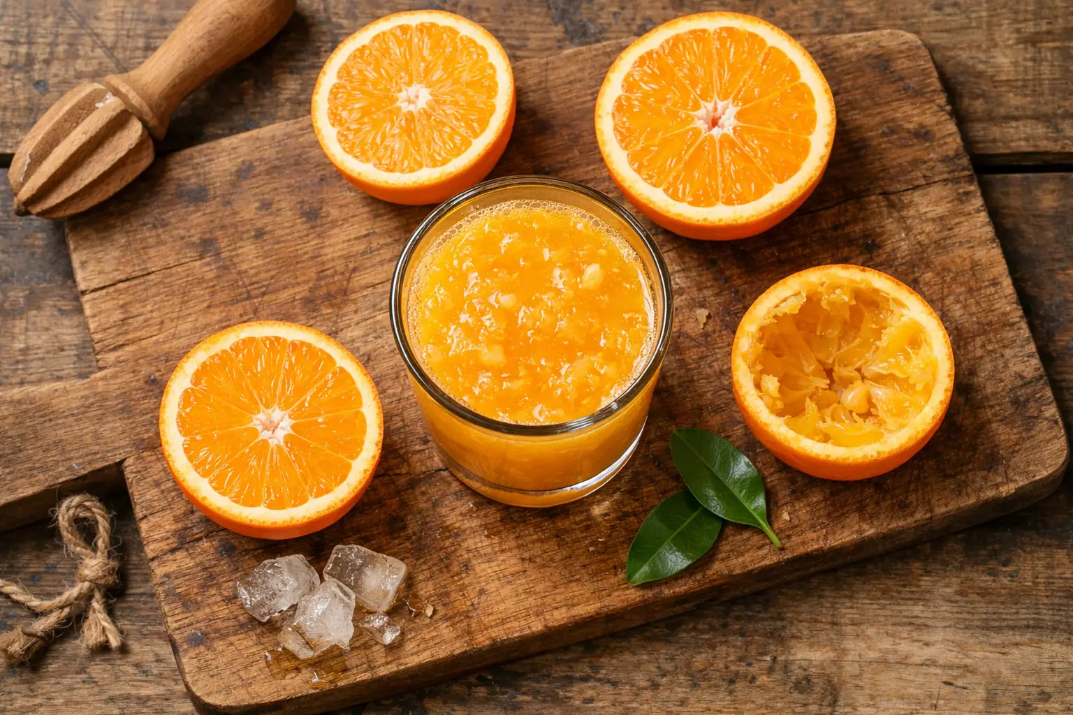 ताज़ा pulpy orange juice रस्टिक वुडन टेबल पर - एक कप में 112 कैलोरी