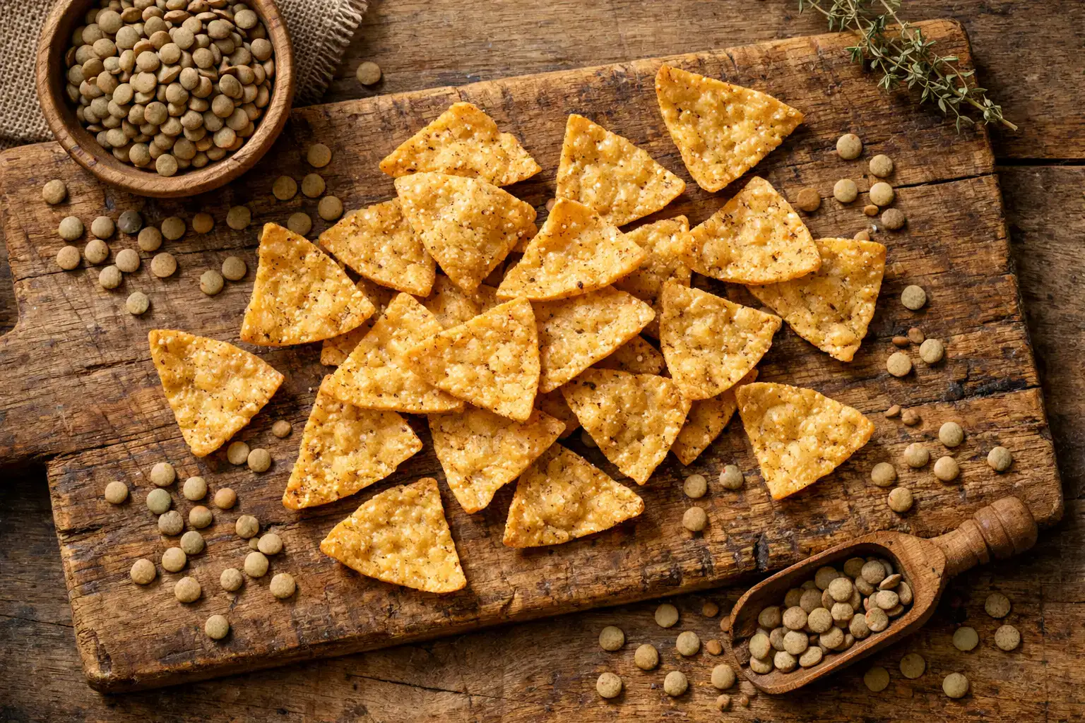 Chips de proteina de legumbres frescos en mesa rustica de madera - 130 calorias por porcion de 28 g