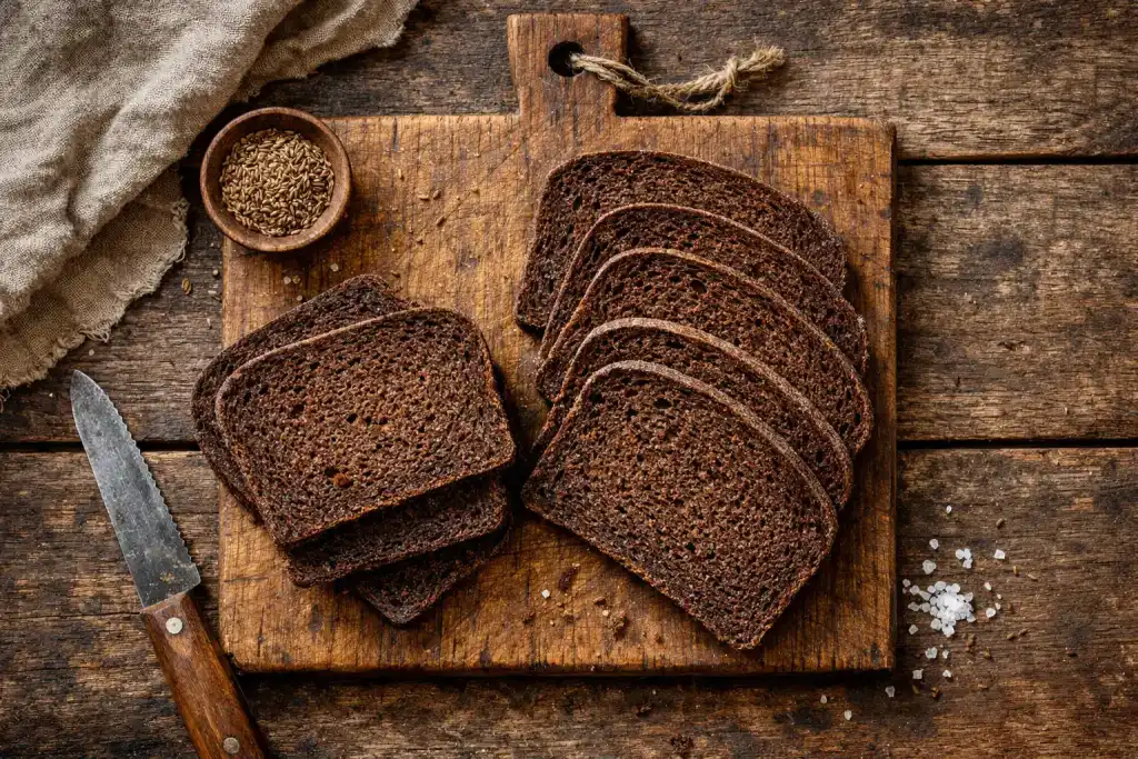 Pan pumpernickel fresco sobre mesa rústica de madera - 65 calorías por rebanada