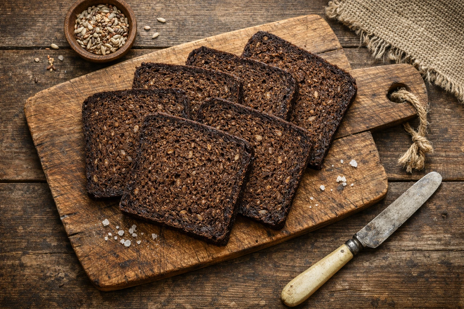 Frisches Pumpernickel auf rustikalem Holztisch - 250 Kalorien pro 100g