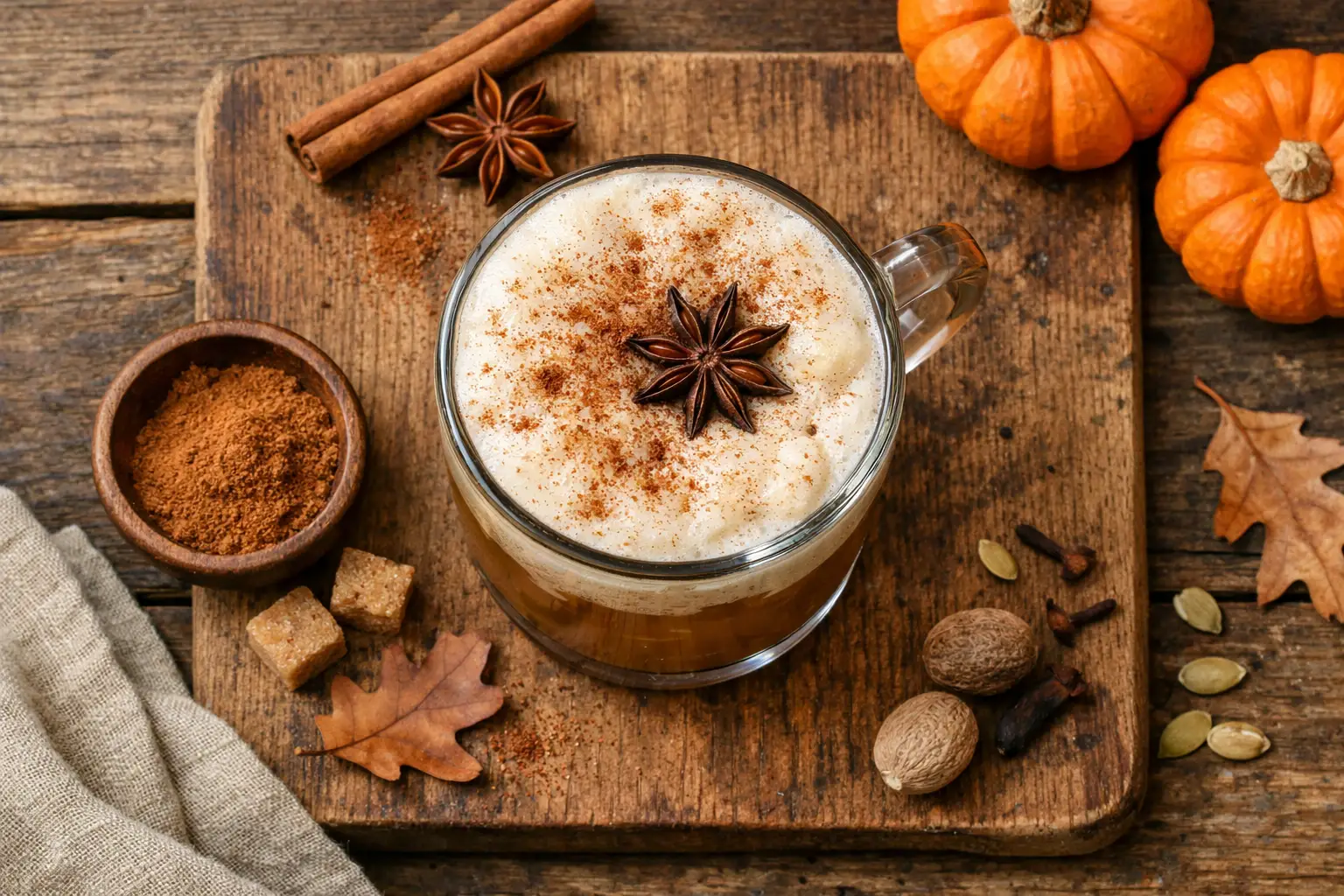 Frisches Pumpkin Spice Cold Foam auf rustikalem Holztisch - 30 Kalorien pro 2 EL Portion