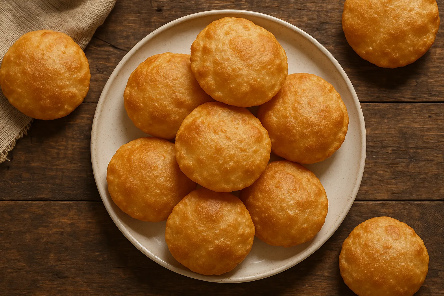 Fresh puri on rustic wooden table - 296 calories per 100g