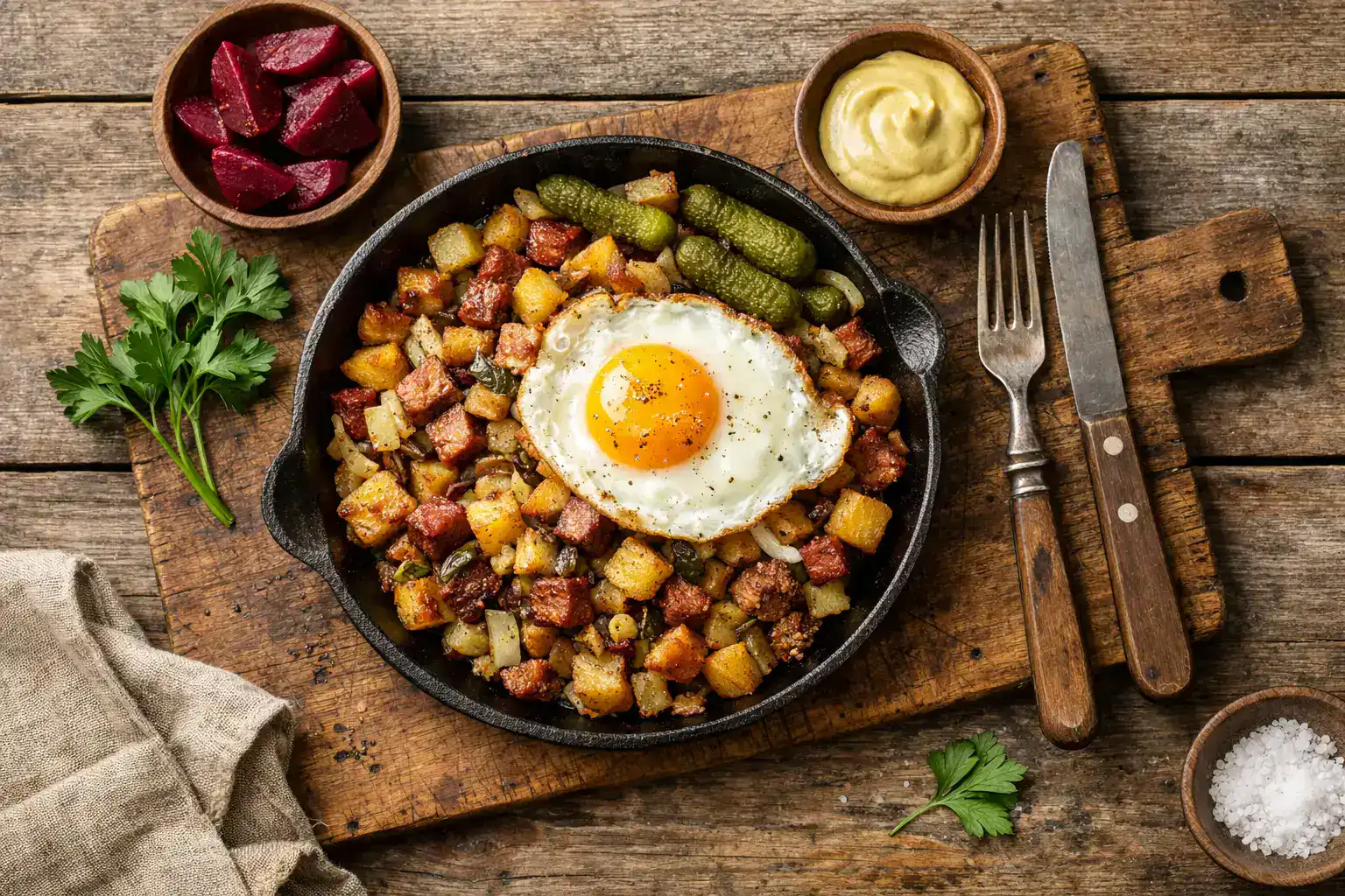 Pytt i panna sueco fresco en mesa de madera rústica - 380 calorías por porción