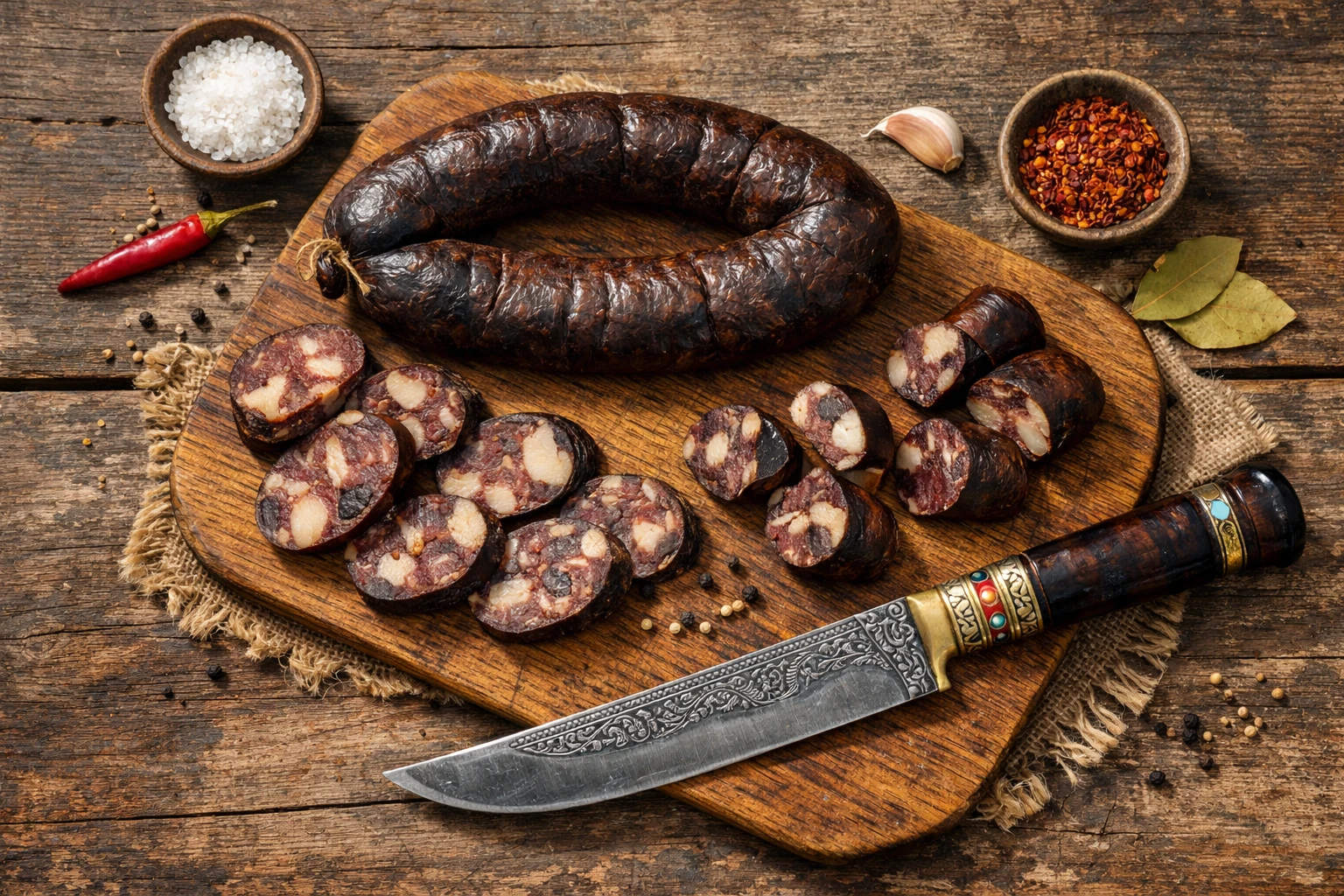 Traditional qazy Kazakh horse sausage on wooden board - 380 calories per 100g