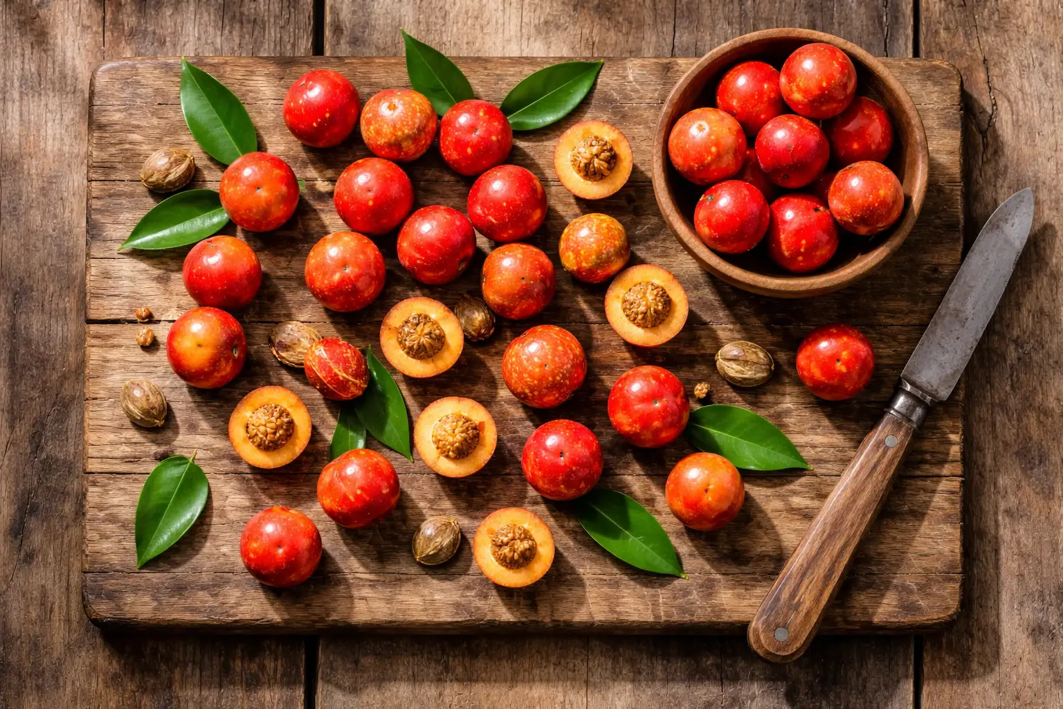 Fresh quandong Australian desert peach on rustic wooden table - 70 calories per 100g
