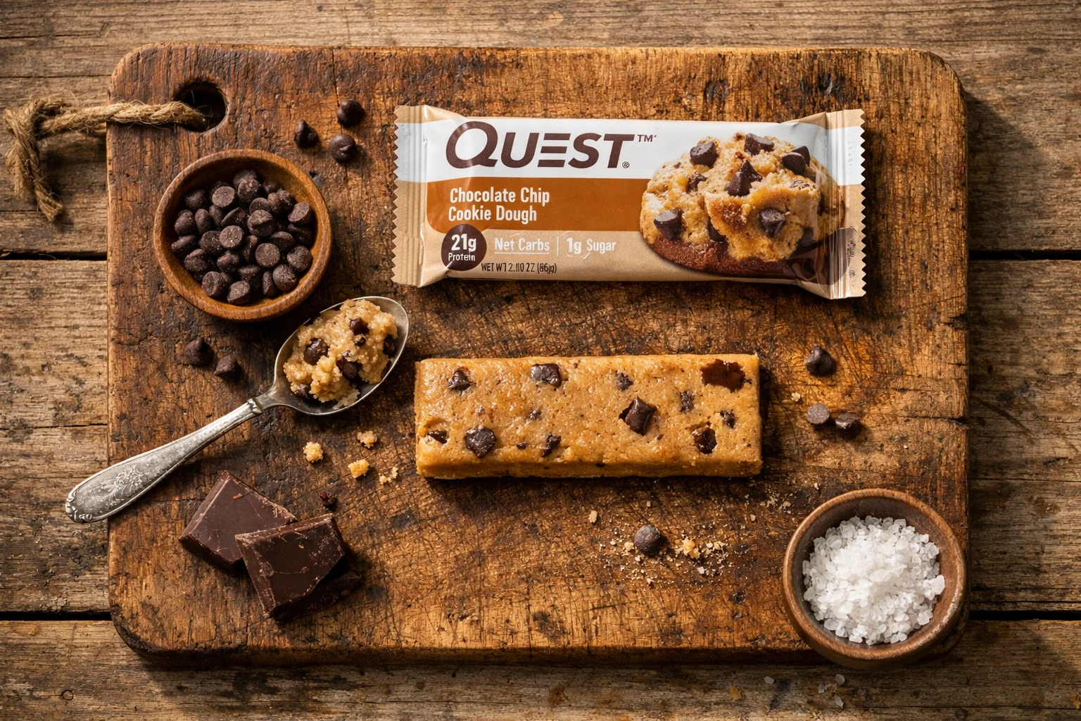 Quest Bar Chocolate Chip Cookie Dough protein bar on wooden board - 180 calories per bar
