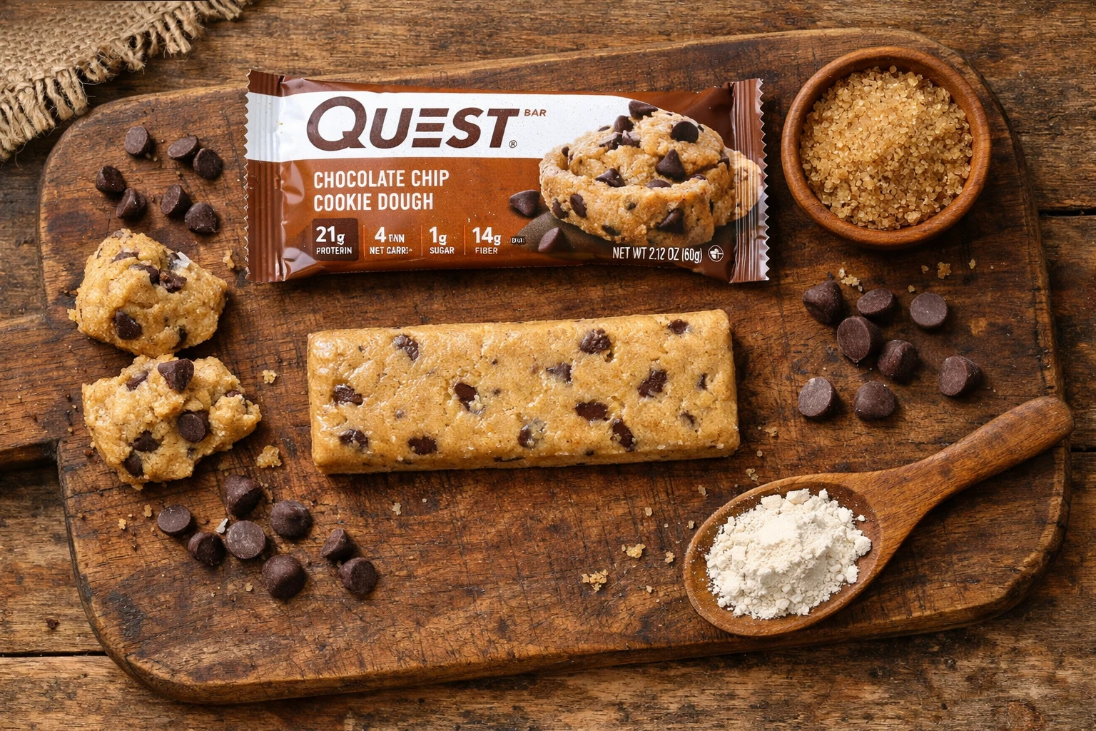 Quest Bar Chocolate Chip Cookie Dough Proteinriegel auf Holzbrett - 180 Kalorien pro Riegel
