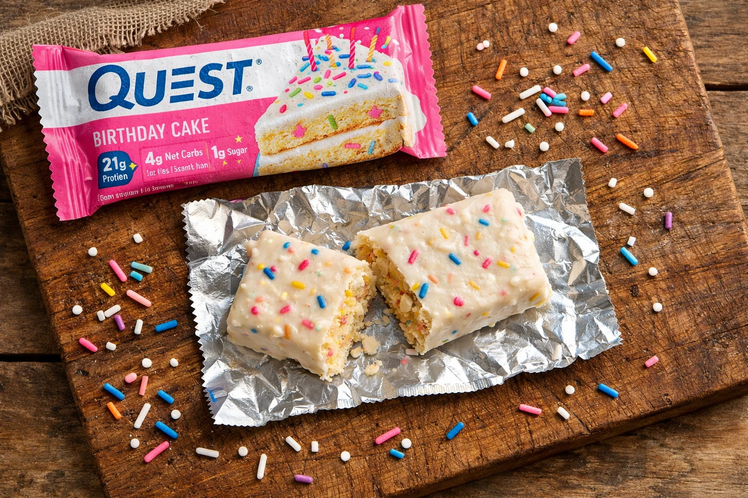 Barra proteica Quest Birthday Cake sin envoltorio sobre tabla de madera - 180 calorías por barra