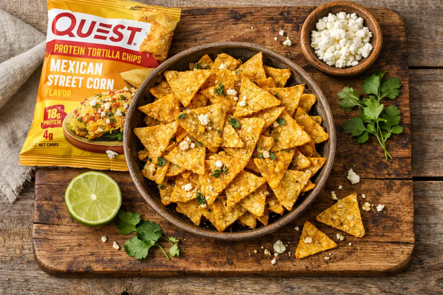 रस्टिक लकड़ी की टेबल पर ताज़ा Quest Protein Chips Mexican Street Corn - 140 कैलोरी प्रति बैग