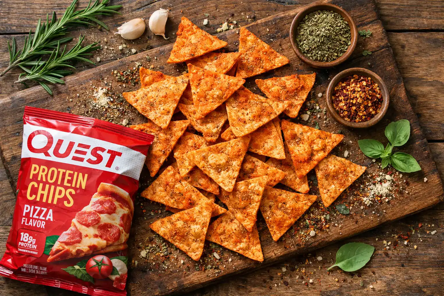 Quest Protein Chips Pizza frescas sobre mesa de madera rústica - 140 calorías por bolsa