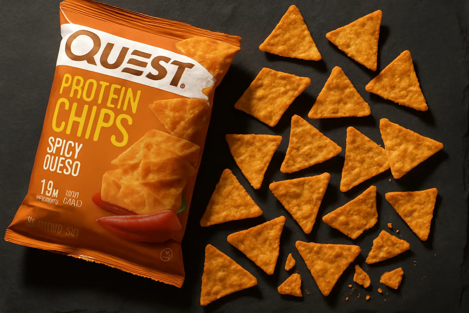 Quest Protein Chips Spicy Queso 32g bag overhead view showing nutrition label and crunchy tortilla-style chips