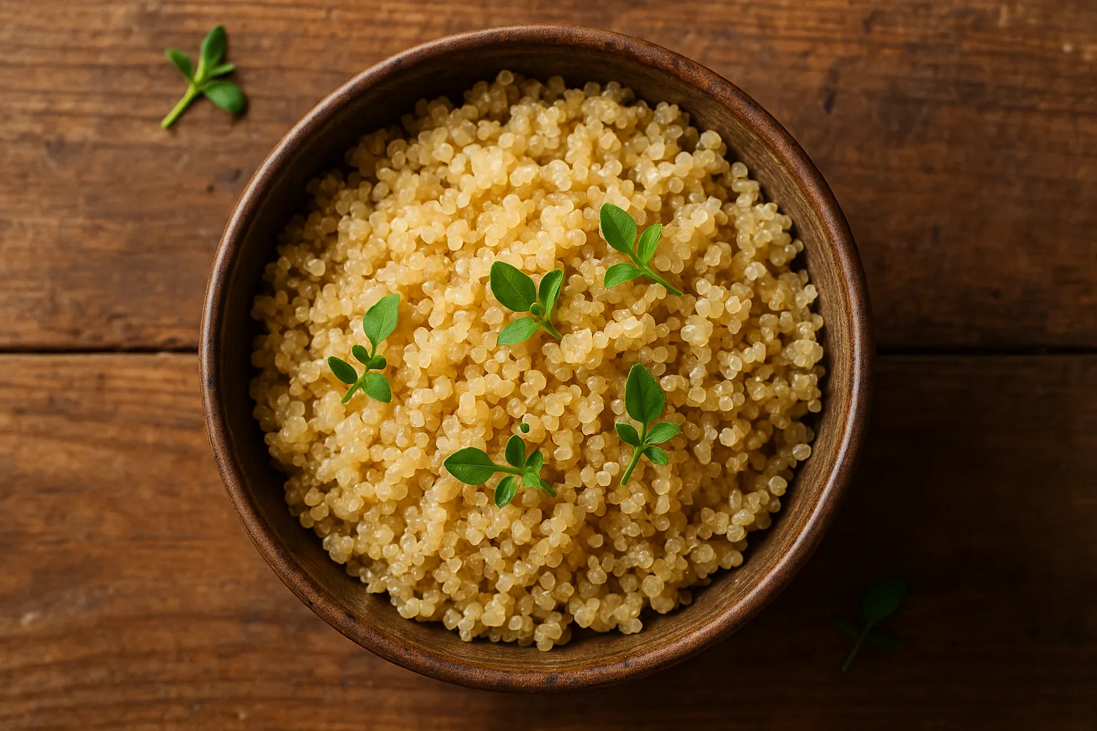 Fresh cooked quinoa in rustic bowl on wooden table - 222 calories per cup