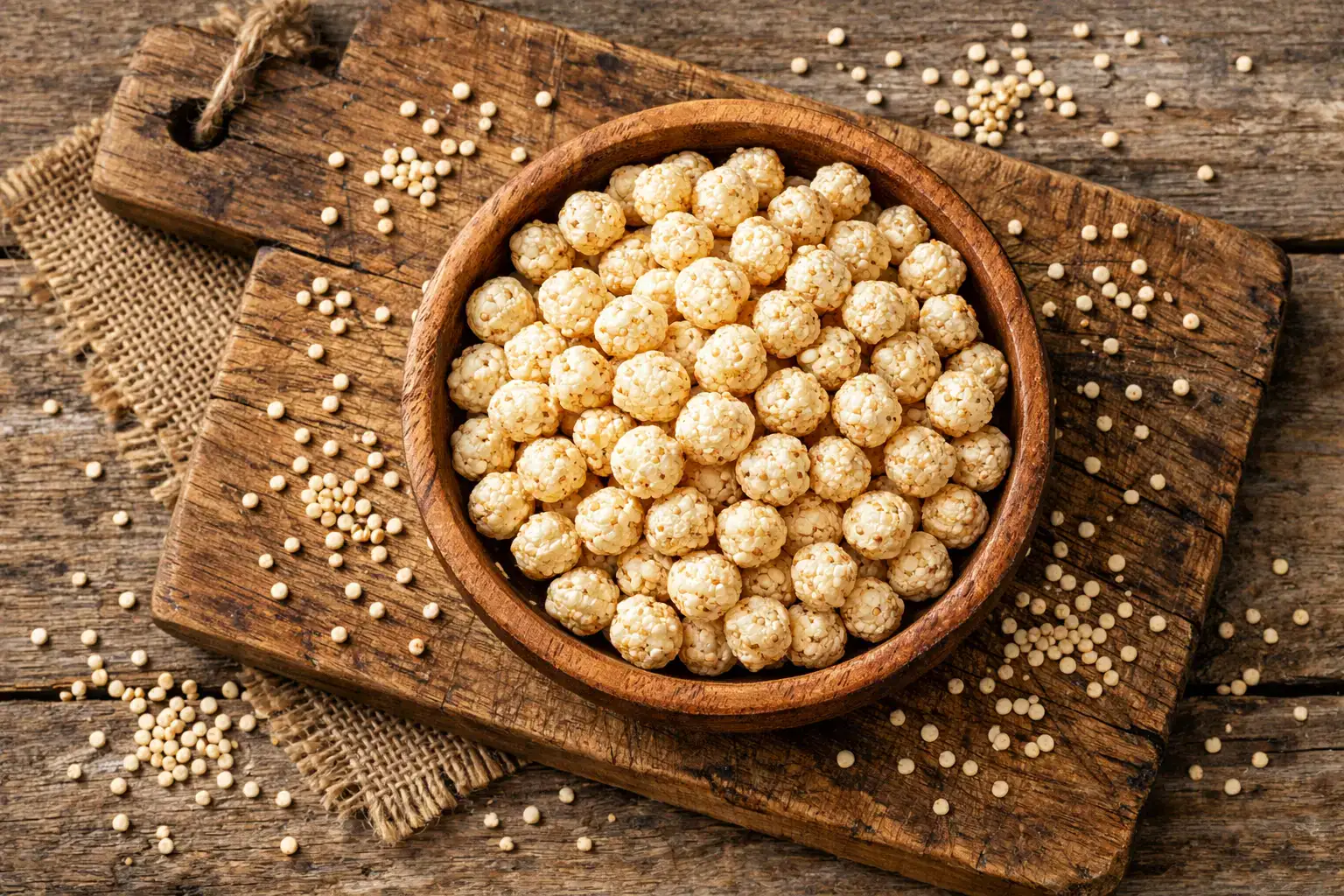 Soufflé de quinoa frais sur table en bois rustique - 110 calories par portion de 28 g
