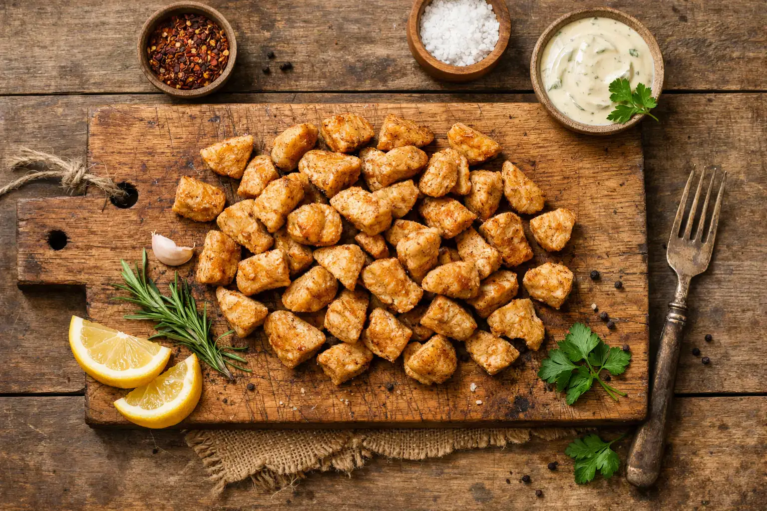 Quorn pieces frais sur table en bois rustique - 86 calories pour 100 g