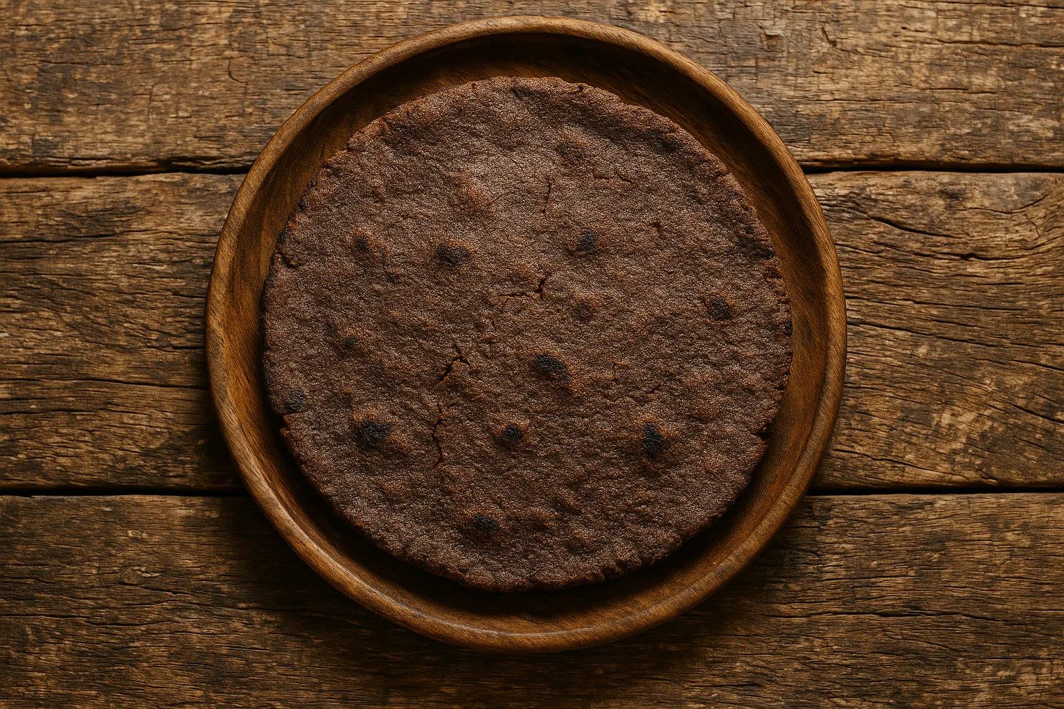 Fresh ragi roti on rustic wooden table - 330 calories per 100g