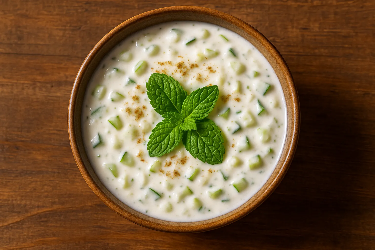 Fresh raita on rustic wooden table - 75 calories per serving