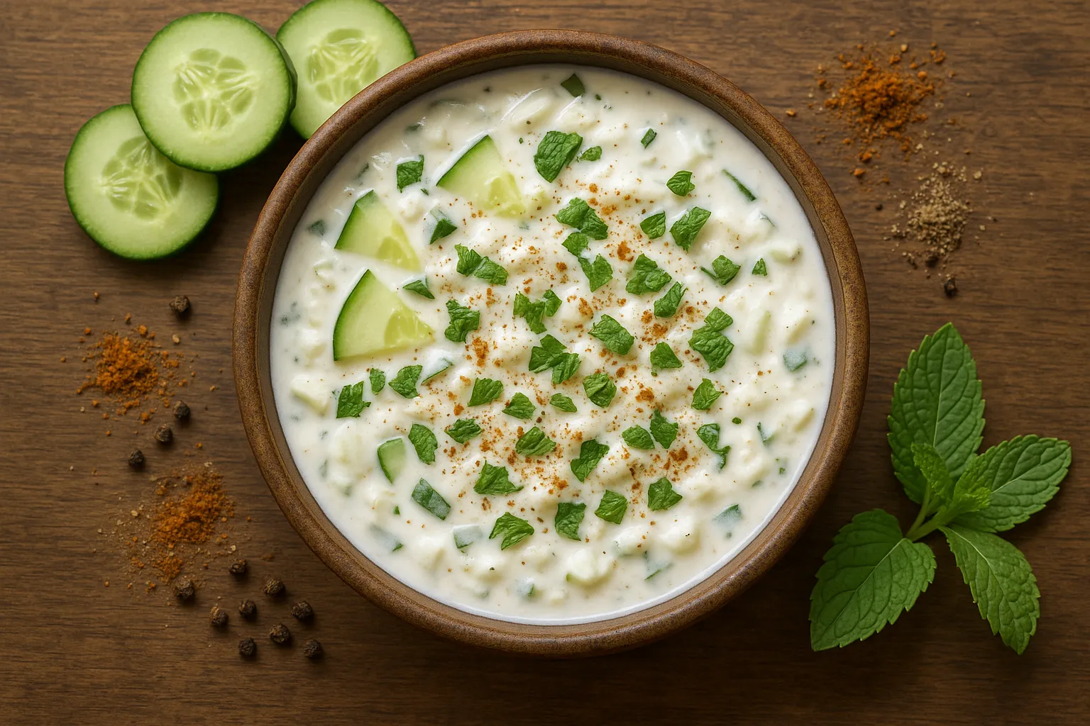 Fresh raita on rustic wooden table - 80 calories per serving